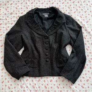 George Charcoal Textured Blazer with Ruffle Trim